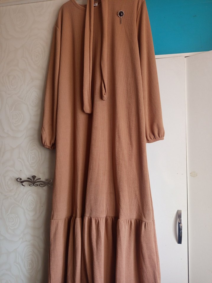 Bej Uzun Kollu Salaş Kadın Elbise - Görsel 2