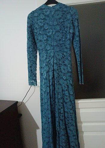 Uzun Kollu Mavi Dantel Vintage Abiye Elbise - Görsel 2