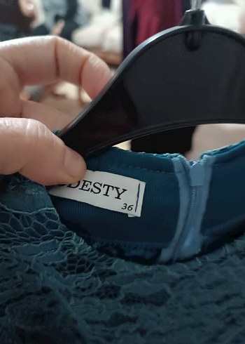 Uzun Kollu Mavi Dantel Vintage Abiye Elbise - Görsel 4