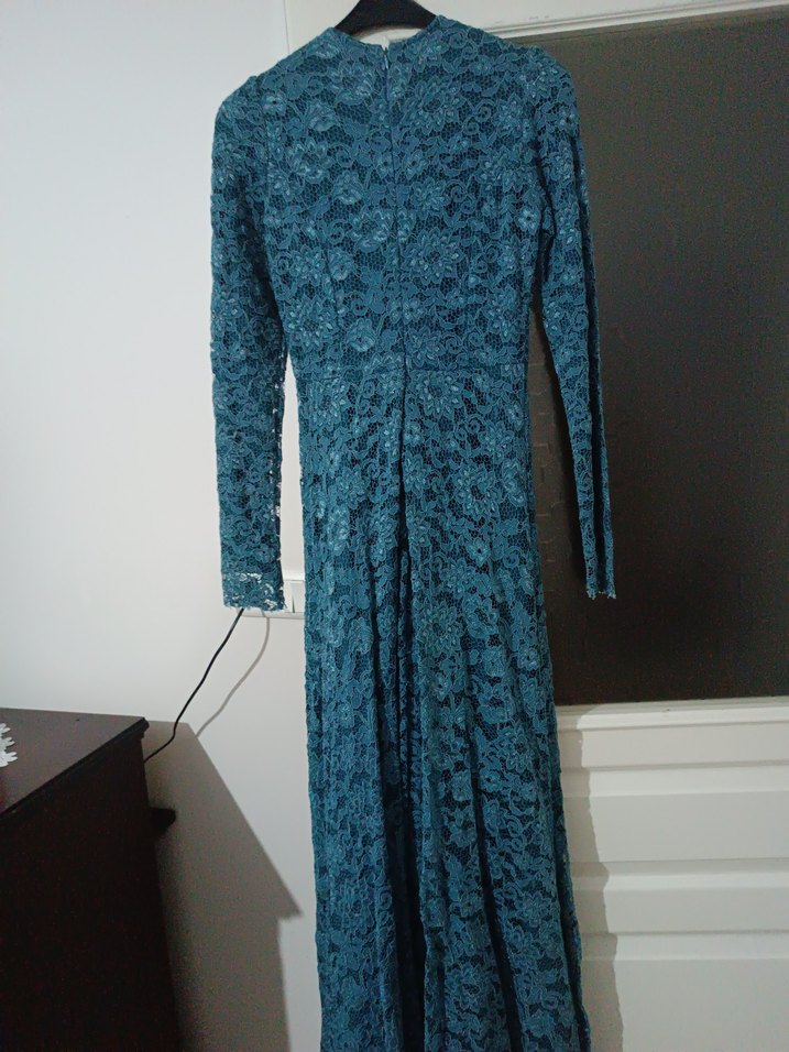 Uzun Kollu Mavi Dantel Vintage Abiye Elbise - Görsel 2