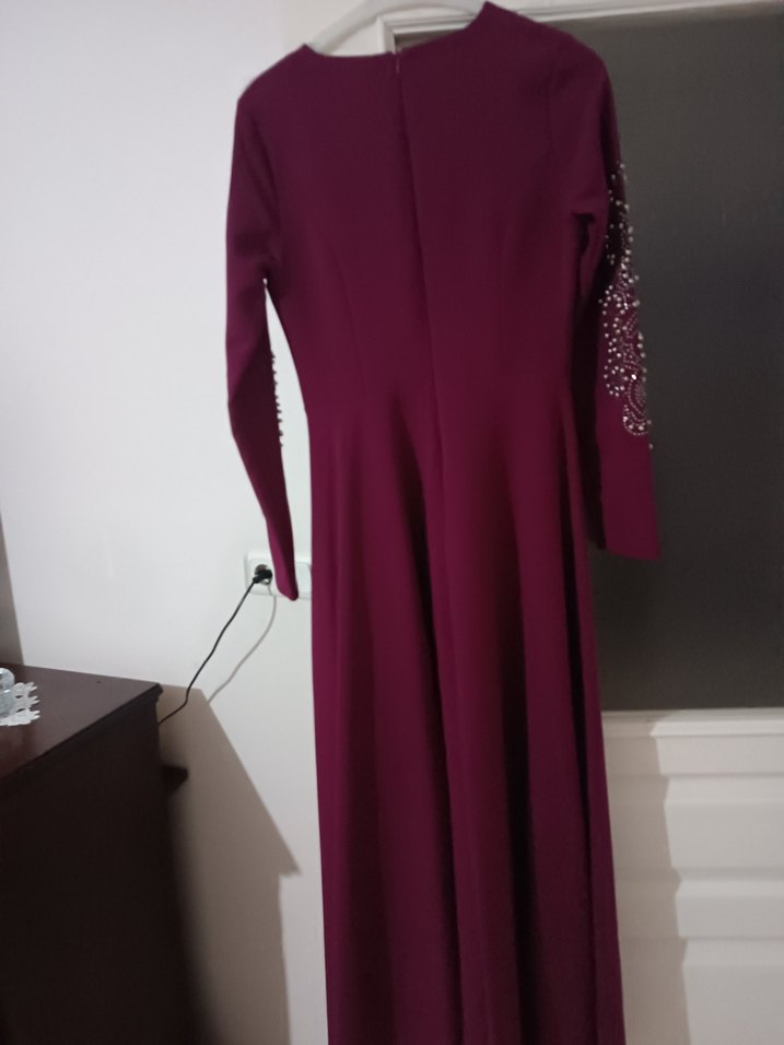 Bordo Uzun Kollu Drapeli Kadın Elbise - Görsel 3