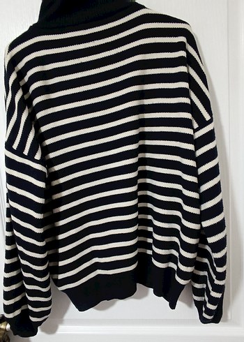 Mavi Beyaz Çizgili Yarım Fermuarlı Triko Kazak - Görsel 4