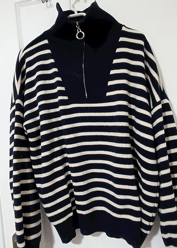 Mavi Beyaz Çizgili Yarım Fermuarlı Triko Kazak - Görsel 3