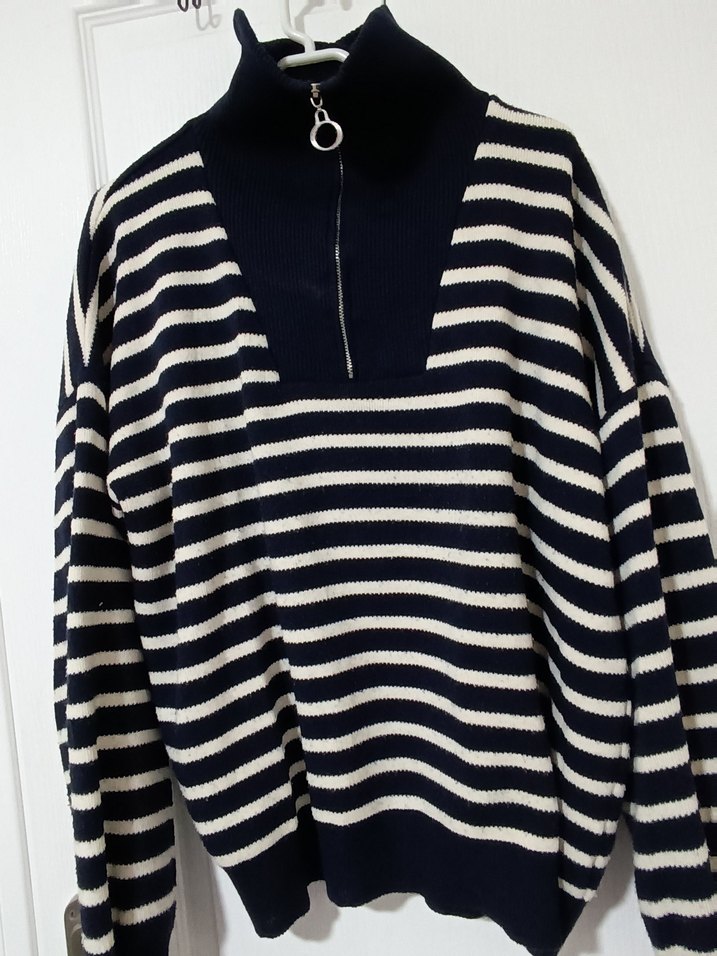 Mavi Beyaz Çizgili Yarım Fermuarlı Triko Kazak - Görsel 3