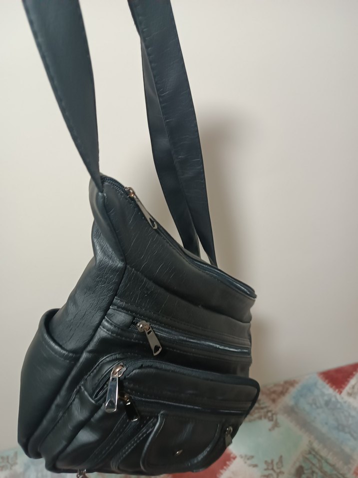 Siyah Deri Fermuarlı Biker Kadın Çanta - Görsel 2