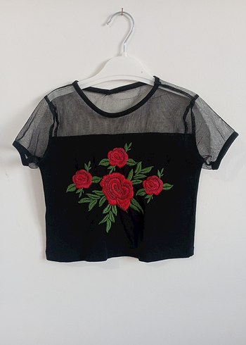 Nakışlı Siyah Kız Bluzu, Kısa Kollu, Salaş Kesim - Görsel 4