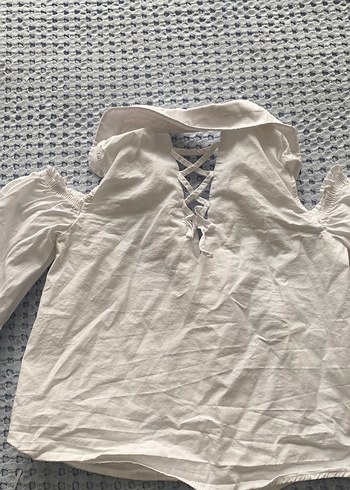 Düğmeli Beyaz Keten Kız Çocuk Gömlek - Görsel 5