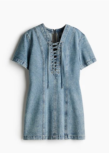 Bağcıklı V Yaka Kısa Kollu Denim Elbise