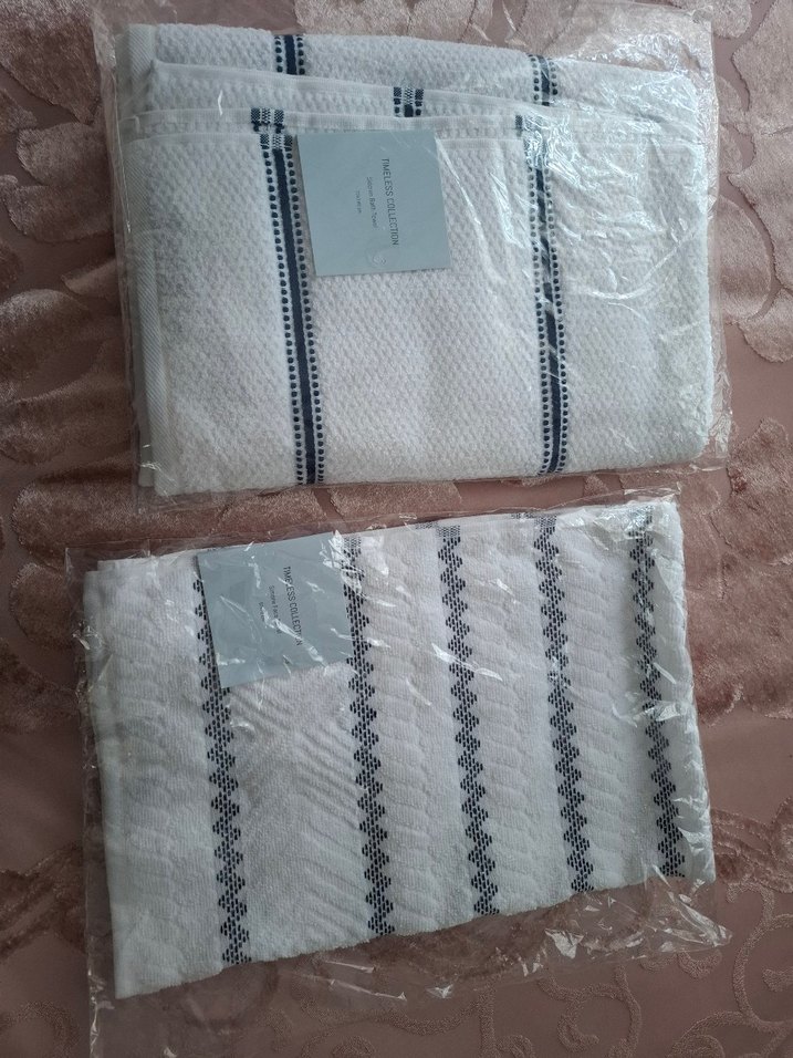 Beyaz lacivert Çizgili Havlu Seti banyo havlusu yüz havlusu set - Görsel 2