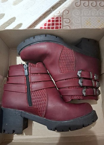 Bordo Tokalı Kadın Deri Bot, Kalın Topuklu - Görsel 5