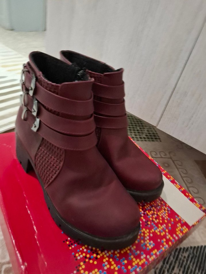 Bordo Tokalı Kadın Deri Bot, Kalın Topuklu - Görsel 2