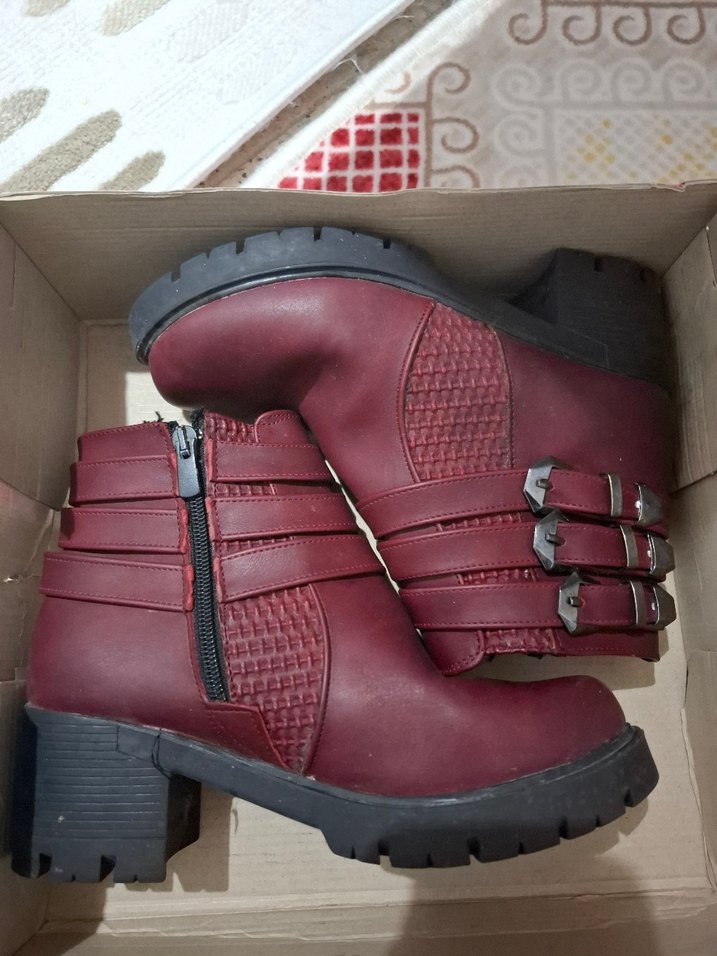 Bordo Tokalı Kadın Deri Bot, Kalın Topuklu - Görsel 5