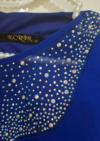 V yaka mavi siyah midi elbise - Görsel 3