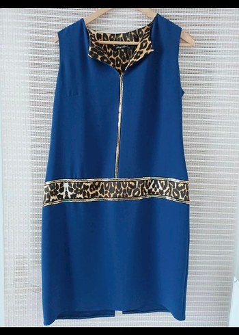 Parlak Mavi leopar Desenli midi Elbise