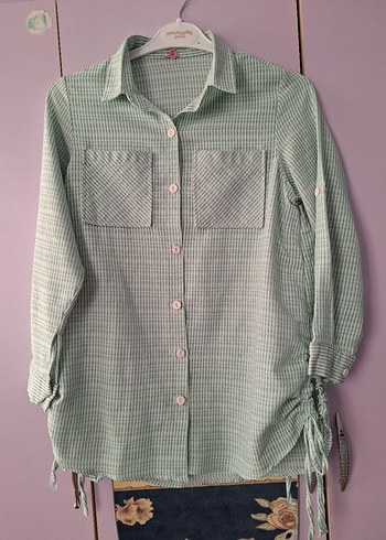 Yeşil Düğmeli Kadın Keten Gömlek - Görsel 3