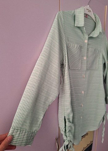 Yeşil Düğmeli Kadın Keten Gömlek - Görsel 4