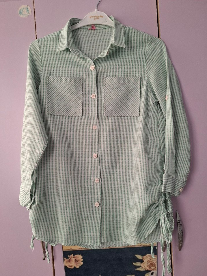 Yeşil Düğmeli Kadın Keten Gömlek - Görsel 3