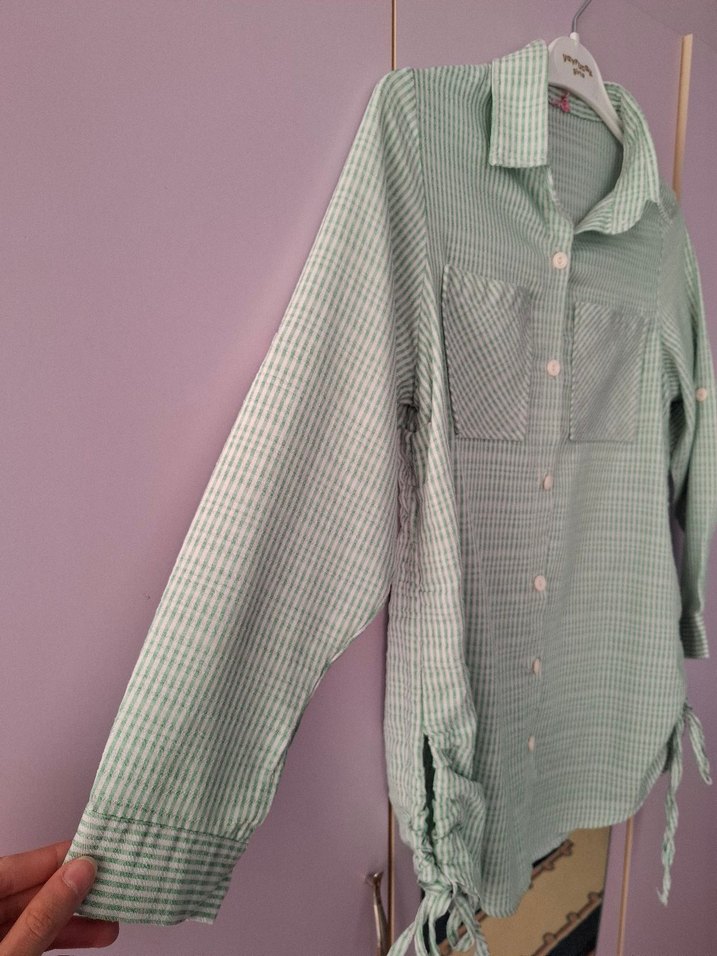 Yeşil Düğmeli Kadın Keten Gömlek - Görsel 4