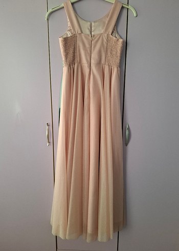 Pudra Pembe Uzun Abiye Elbise V Yaka Drapeli - Görsel 2