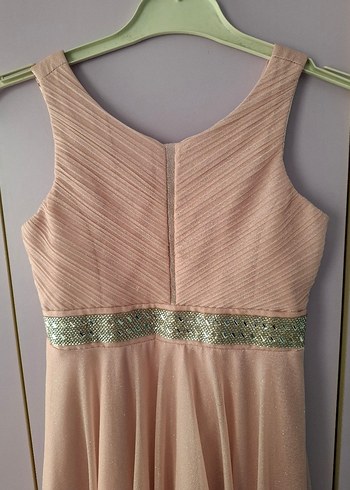 Pudra Pembe Uzun Abiye Elbise V Yaka Drapeli - Görsel 3