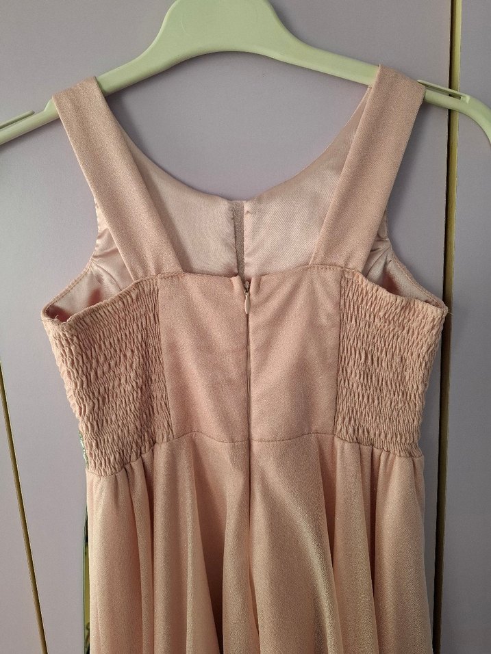 Pudra Pembe Uzun Abiye Elbise V Yaka Drapeli - Görsel 4