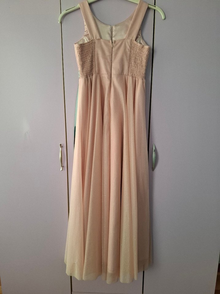 Pudra Pembe Uzun Abiye Elbise V Yaka Drapeli - Görsel 2