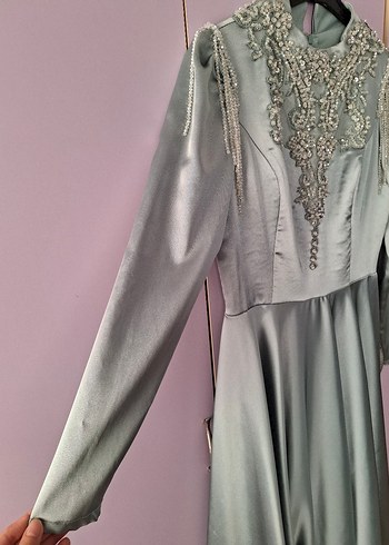 Uzun Kollu İşlemeli Su Yeşili Abiye Elbise + Hazır Şalı Hediye - Görsel 4