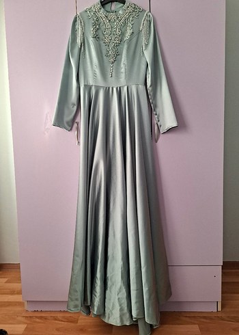 Uzun Kollu İşlemeli Su Yeşili Abiye Elbise + Hazır Şalı Hediye - Görsel 2