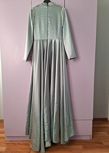 Uzun Kollu İşlemeli Su Yeşili Abiye Elbise + Hazır Şalı Hediye - Görsel 3