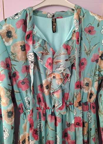 Uzun Turkuaz Çiçekli Bohem Elbise - Görsel 5