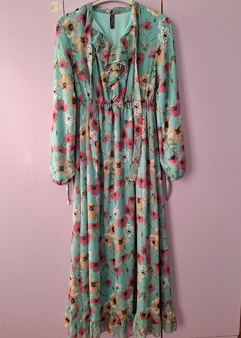 Uzun Turkuaz Çiçekli Bohem Elbise - Görsel 2