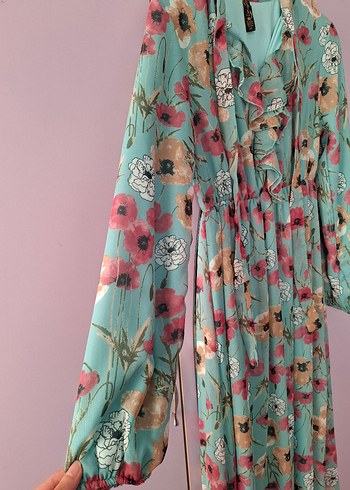 Uzun Turkuaz Çiçekli Bohem Elbise - Görsel 3