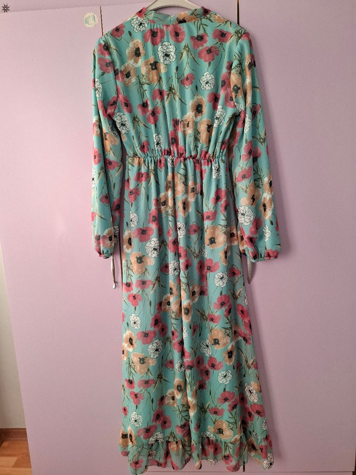Uzun Turkuaz Çiçekli Bohem Elbise - Görsel 4