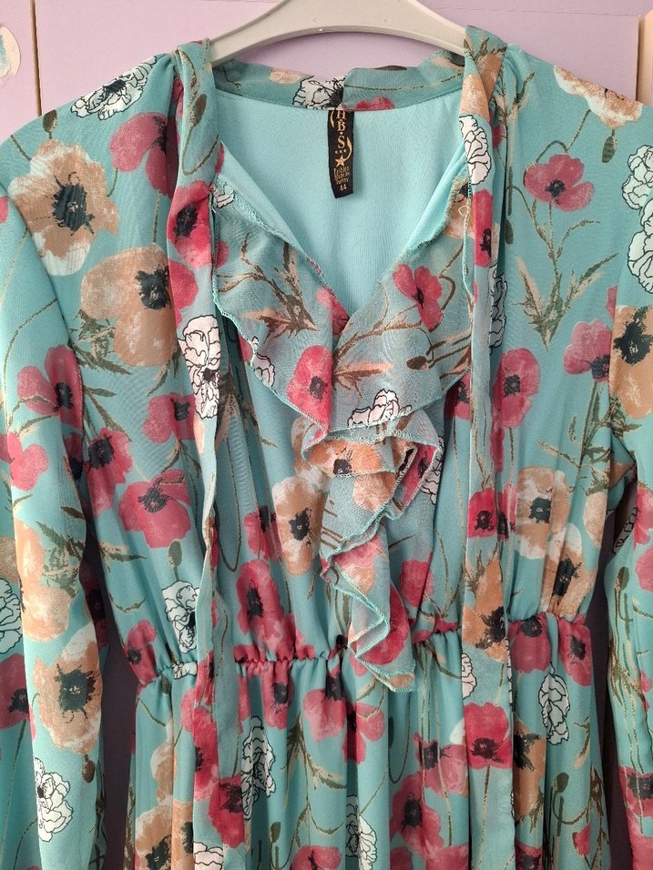 Uzun Turkuaz Çiçekli Bohem Elbise - Görsel 5