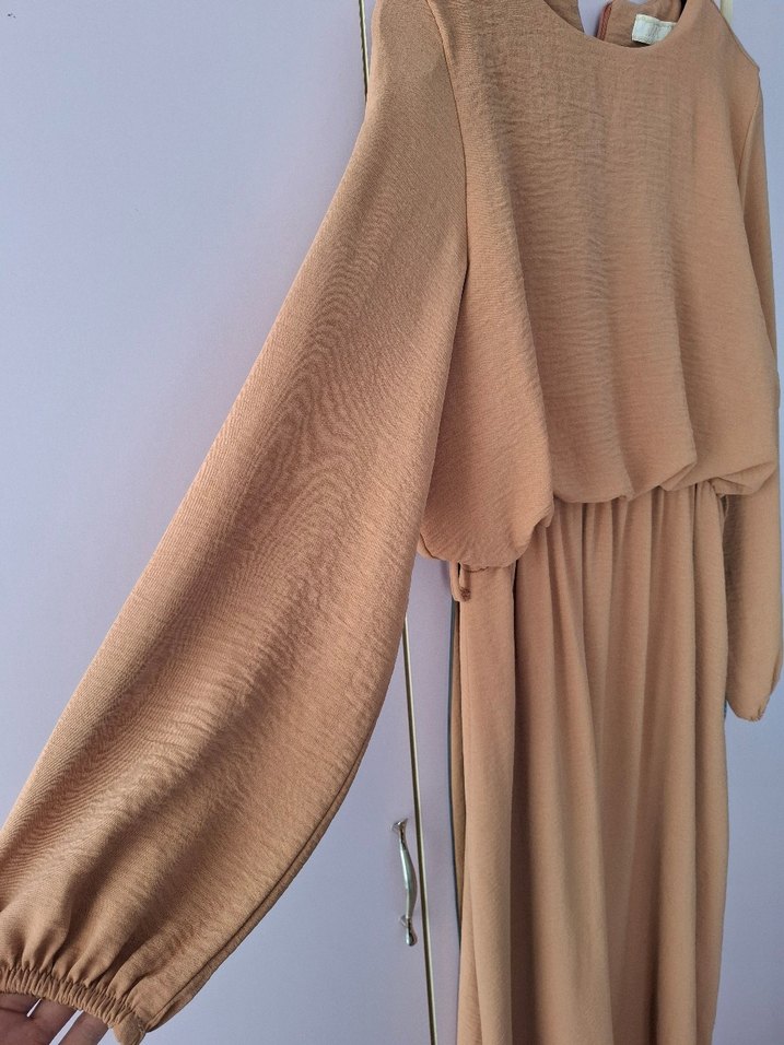 Camel Uzun Kollu Keten Elbise - Görsel 3