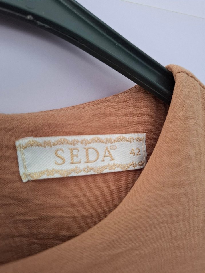 Camel Uzun Kollu Keten Elbise - Görsel 4