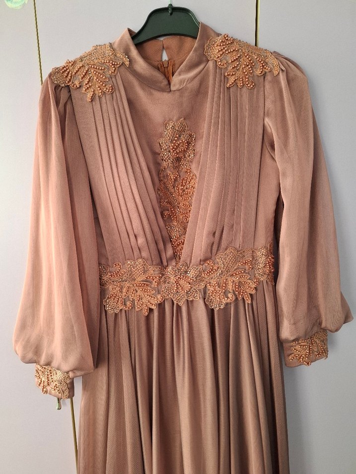 Soğan Kabuğu Vintage Uzun Abiye Elbise - Görsel 3