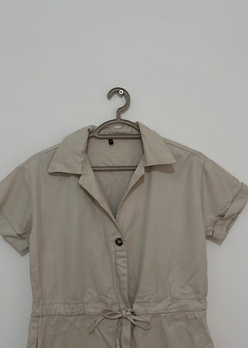 Bej Kısa Kollu Keten Tulum - Görsel 3