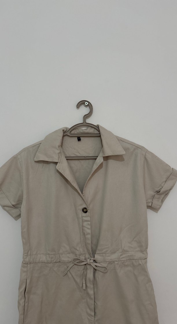 Bej Kısa Kollu Keten Tulum - Görsel 3