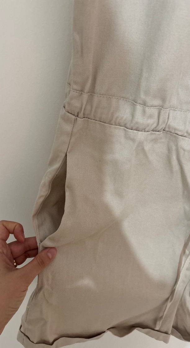 Bej Kısa Kollu Keten Tulum - Görsel 5