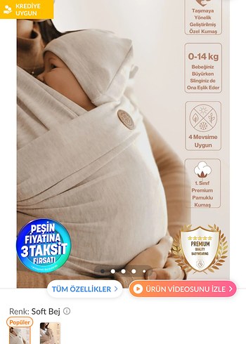 Soft Bej Bebek Kanguru Sling 0-14 kg
