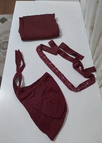 Bordo Uzun Kollu Saten Elbise - Görsel 4