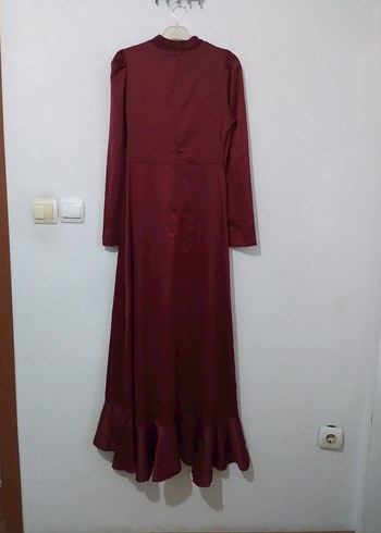 Bordo Uzun Kollu Saten Elbise - Görsel 3