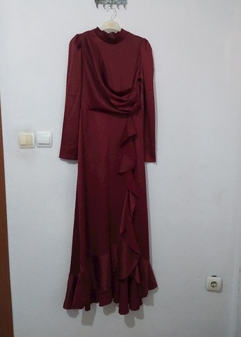 Bordo Uzun Kollu Saten Elbise - Görsel 2