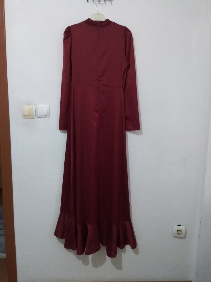 Bordo Uzun Kollu Saten Elbise - Görsel 3
