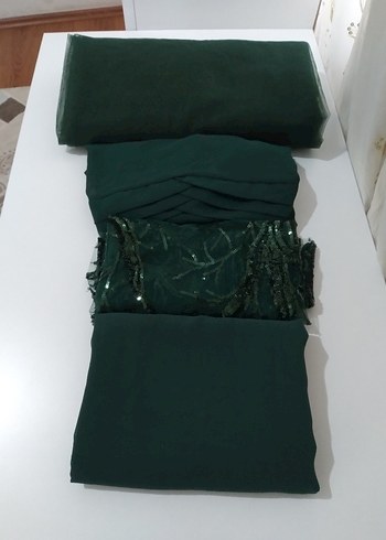 Uzun Kollu İşlemeli Yeşil Uzun Elbise - Görsel 5