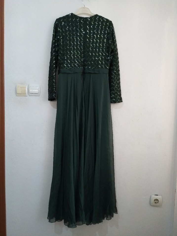 Uzun Kollu İşlemeli Yeşil Uzun Elbise - Görsel 4