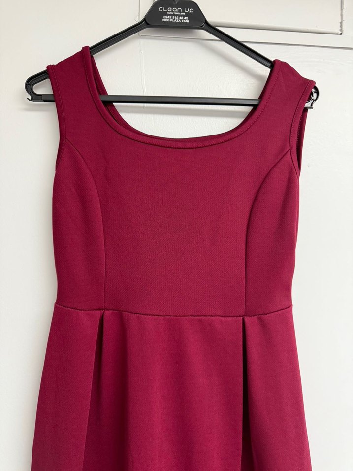 Bordo Midi Kolsuz Elbise L beden - Görsel 3