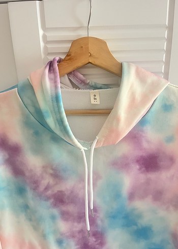 m Beden Pastel Renkli Tie-Dye Kapüşonlu Kadın Sweatshirt