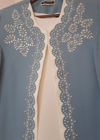 Nakış Detaylı Uzun Mavi Ofis Elbisesi - Görsel 2